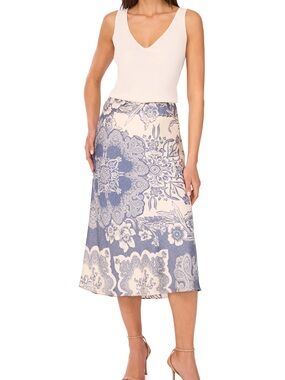 Parker The Elia Floral Midi Skirt, blue and cream floral midi skirt in a L large